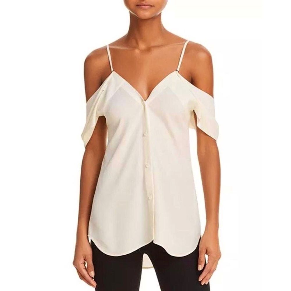 Theory Convertible Silk Blouse Top Off the Shoulder V-Neck Ivory White NWT S - Picture 2 of 9